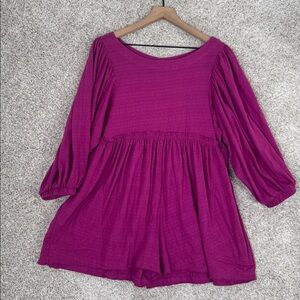 Women's Magenta Peasant Dress - Lightweight Long Sleeve